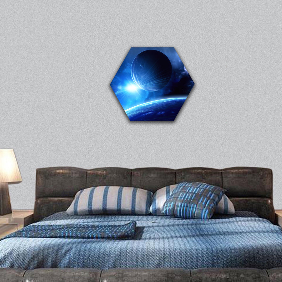 Space scene with planets and nebula hexagonal canvas wall art