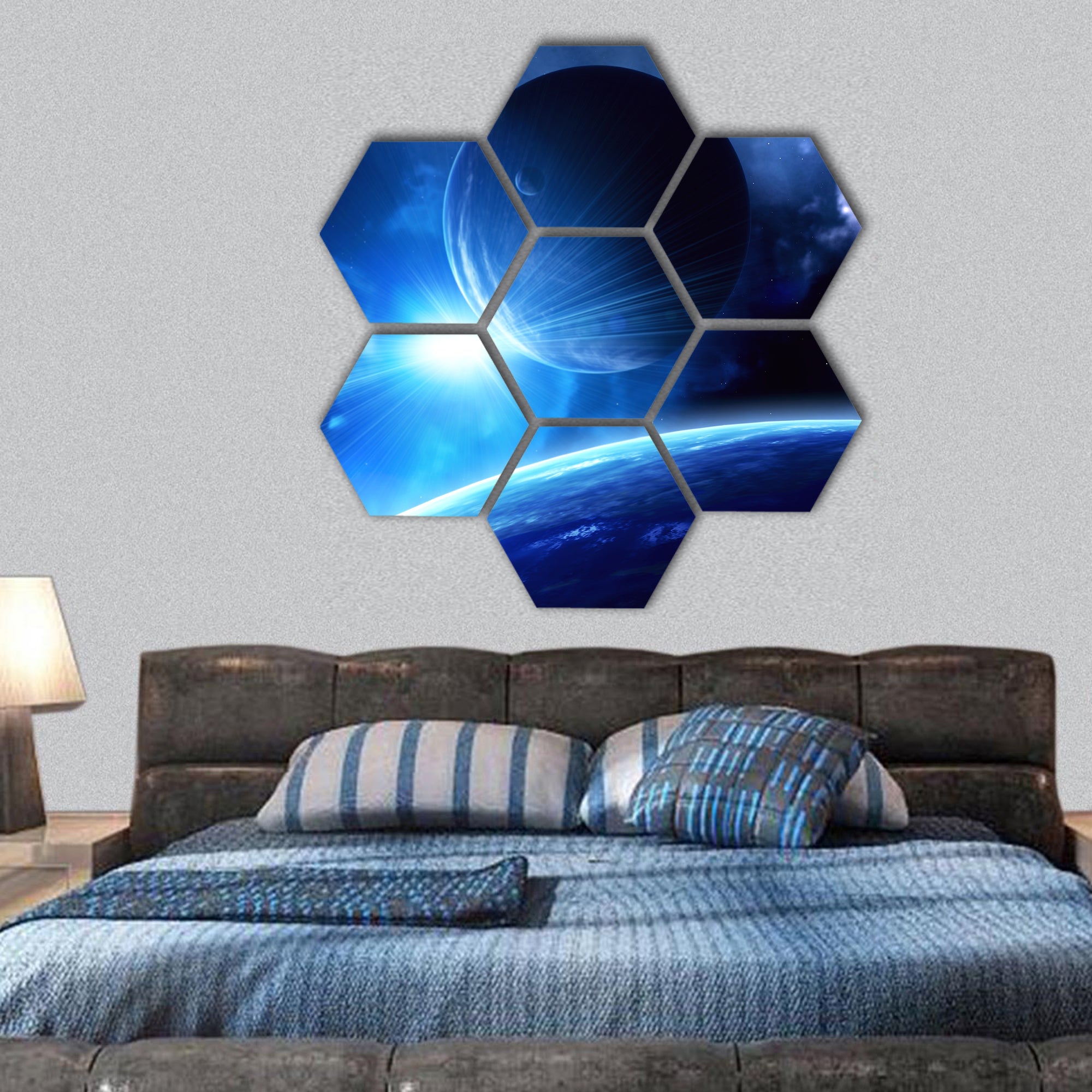 Space scene with planets and nebula hexagonal canvas wall art