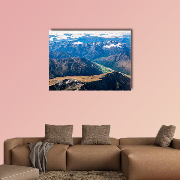 Aerial view of mountain ranges and lake landscape multi panel canvas wall art