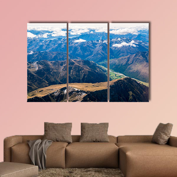 Aerial view of mountain ranges and lake landscape multi panel canvas wall art