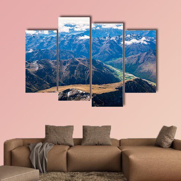 Aerial view of mountain ranges and lake landscape multi panel canvas wall art