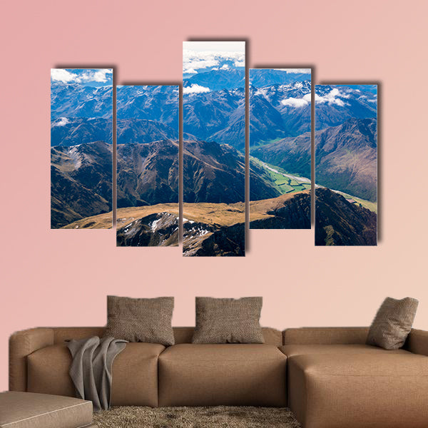 Aerial view of mountain ranges and lake landscape multi panel canvas wall art