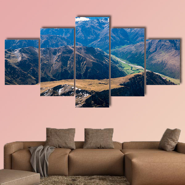 Aerial view of mountain ranges and lake landscape multi panel canvas wall art