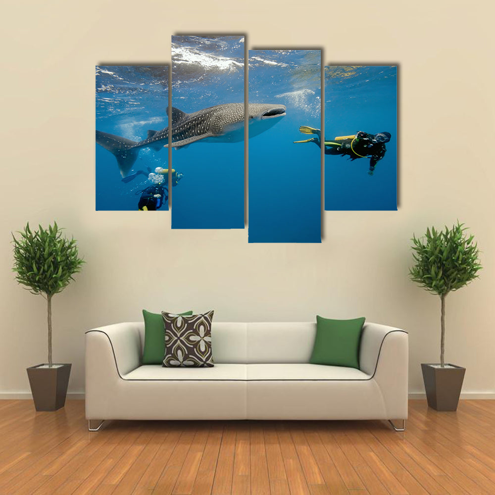 Whale Shark And Divers Multi Panel Canvas Wall Art