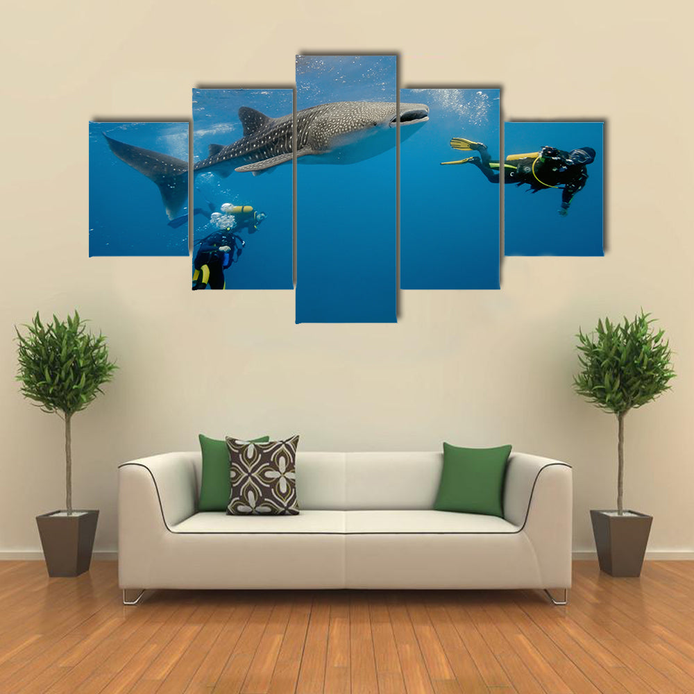 Whale Shark And Divers Multi Panel Canvas Wall Art