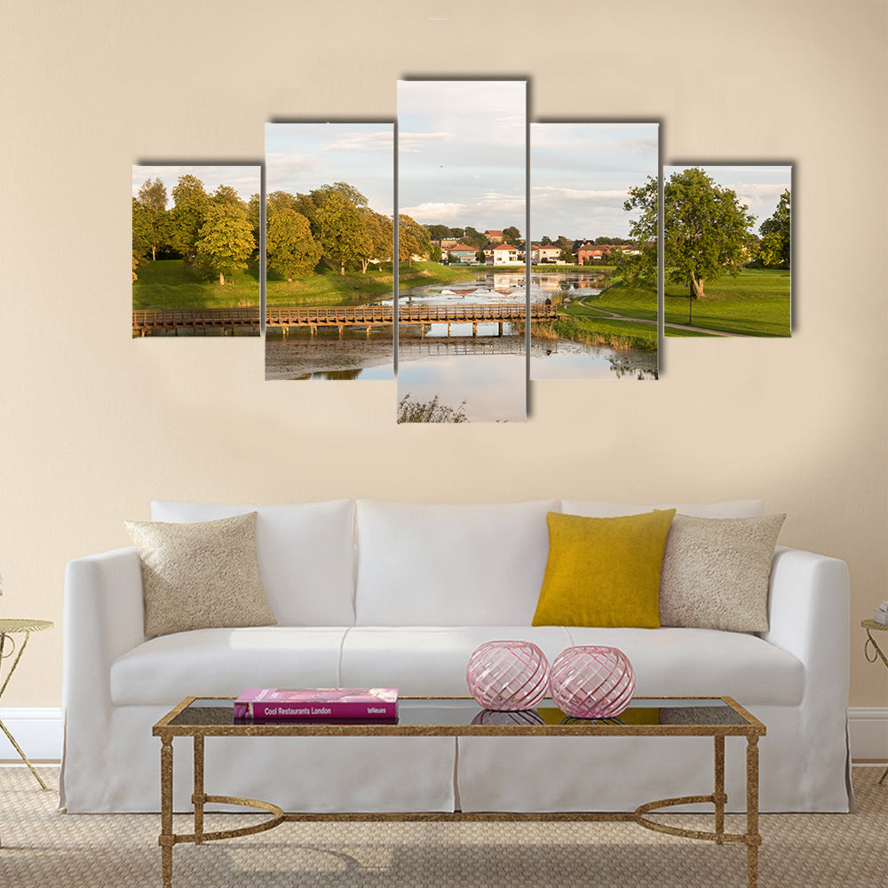 Bridge over the moat, in the old town in Fredrikstad, Norway multi panel canvas wall art