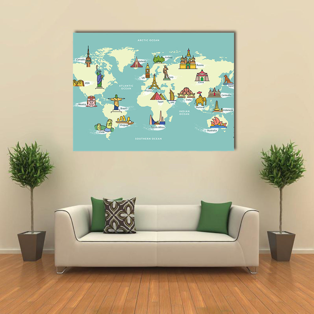 World Map with Landmark of Famous Country Symbol multi panel canvas wall art