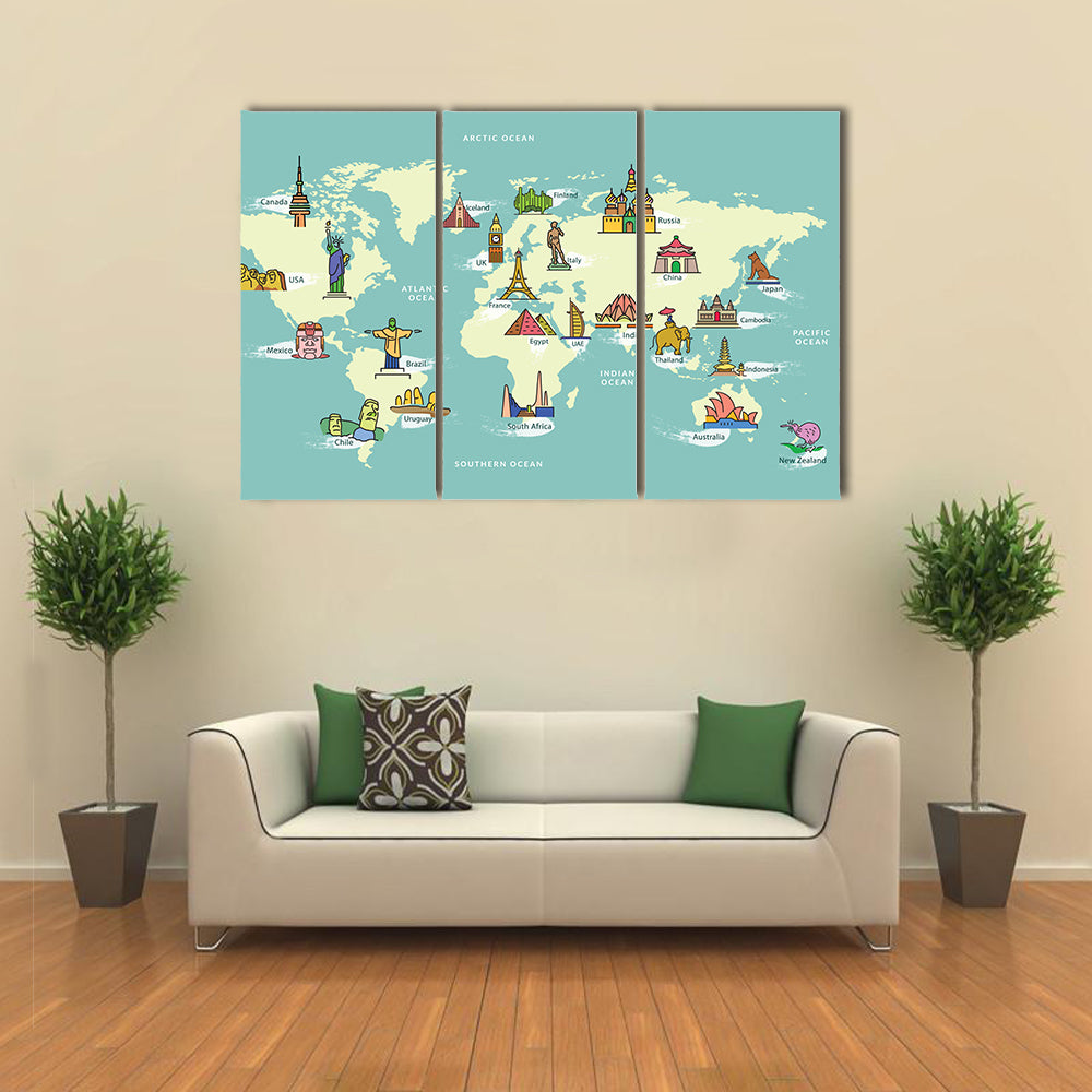 World Map with Landmark of Famous Country Symbol multi panel canvas wall art