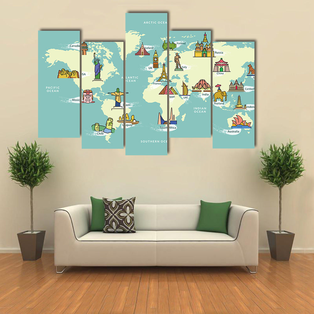 World Map with Landmark of Famous Country Symbol multi panel canvas wall art