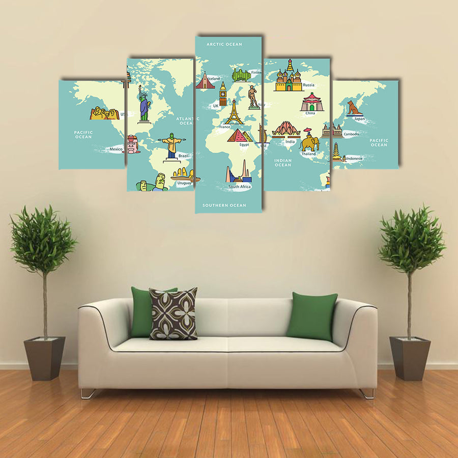 World Map with Landmark of Famous Country Symbol multi panel canvas wall art