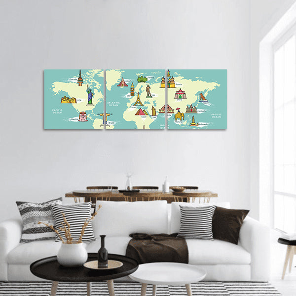 World Map with Landmark of Famous Country Symbol Panoramic Canvas Wall Art