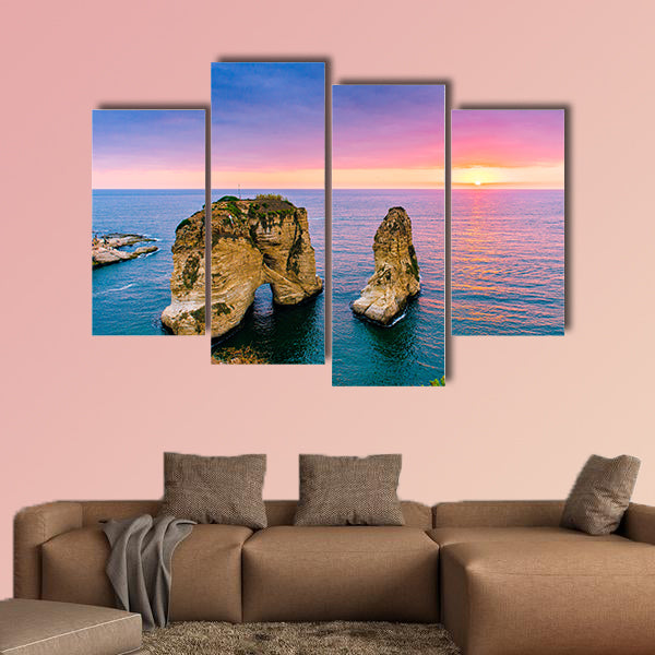 Beautiful sunset on Raouche, Pigeons Rock multi panel canvas wall art