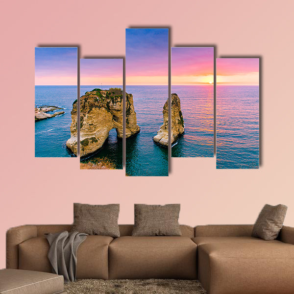 Beautiful sunset on Raouche, Pigeons Rock multi panel canvas wall art