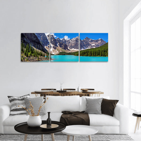 Turquoise waters of the Moraine lake in Banff Park Canada Panoramic Canvas Wall Art