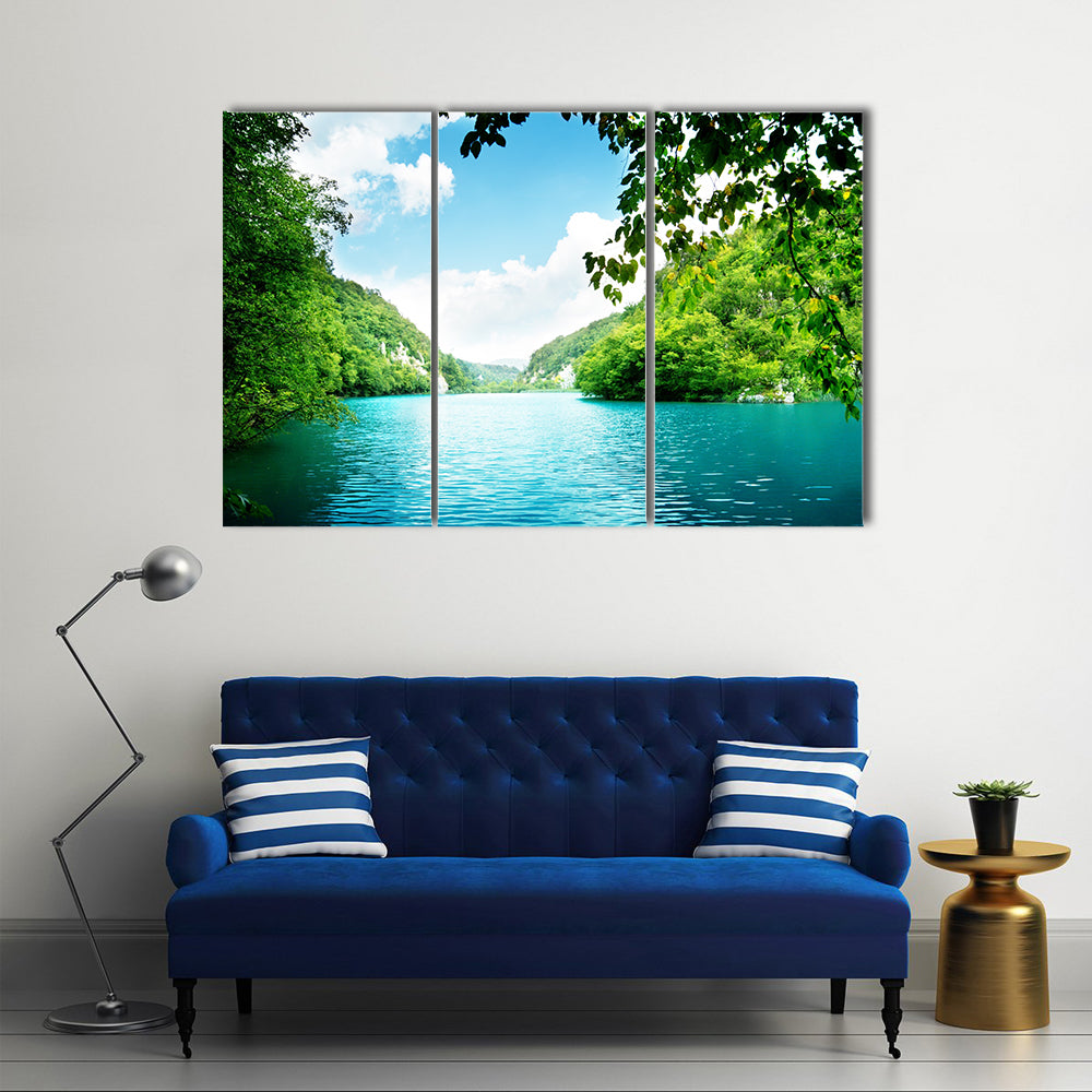 A Deep Forest Along With A Clear Lake, Multi Panel Canvas Wall Art