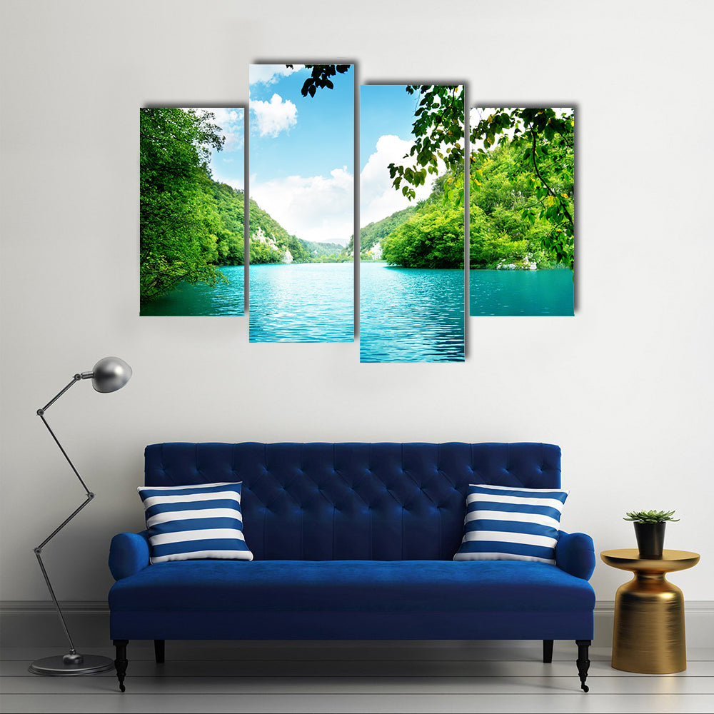 A Deep Forest Along With A Clear Lake, Multi Panel Canvas Wall Art