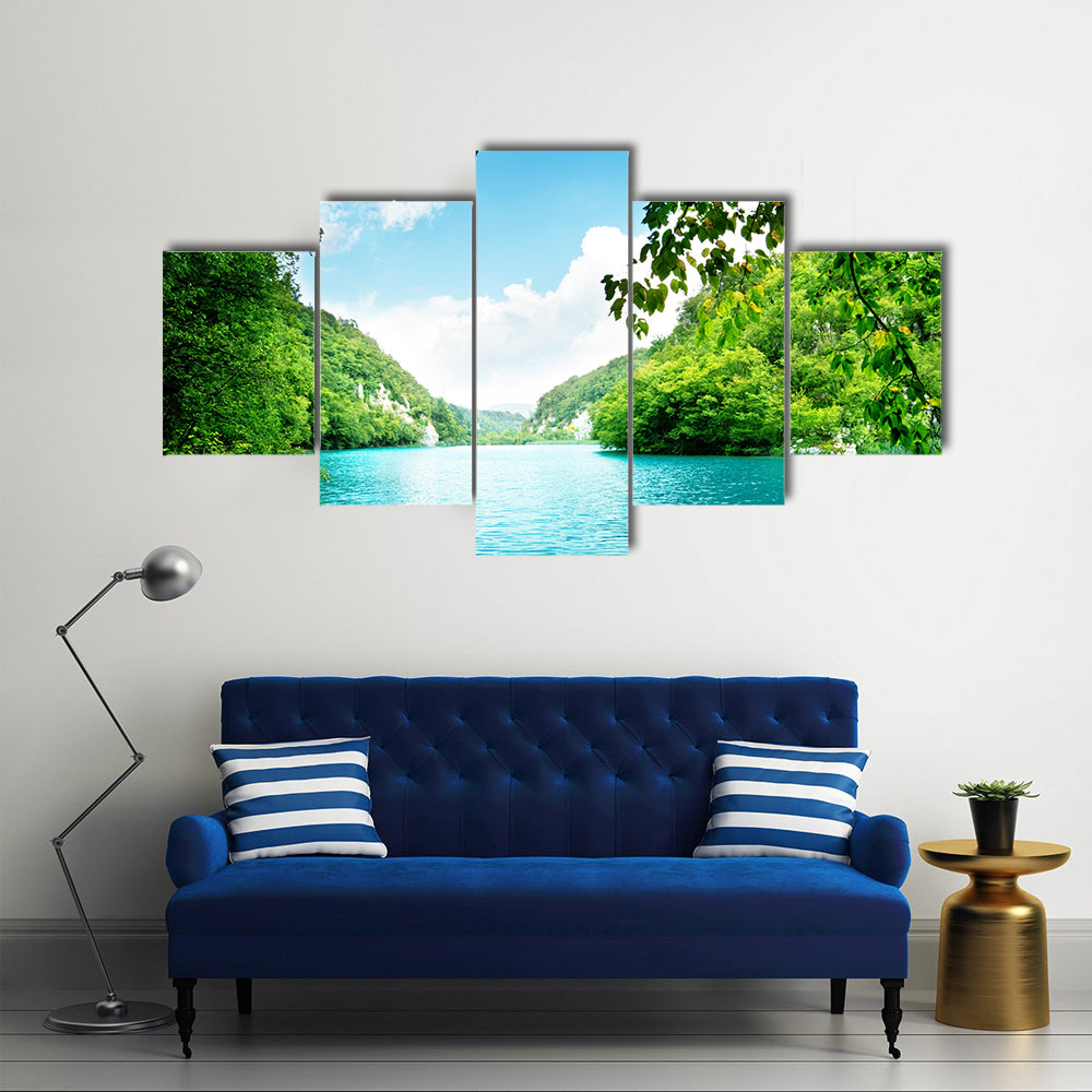 A Deep Forest Along With A Clear Lake, Multi Panel Canvas Wall Art