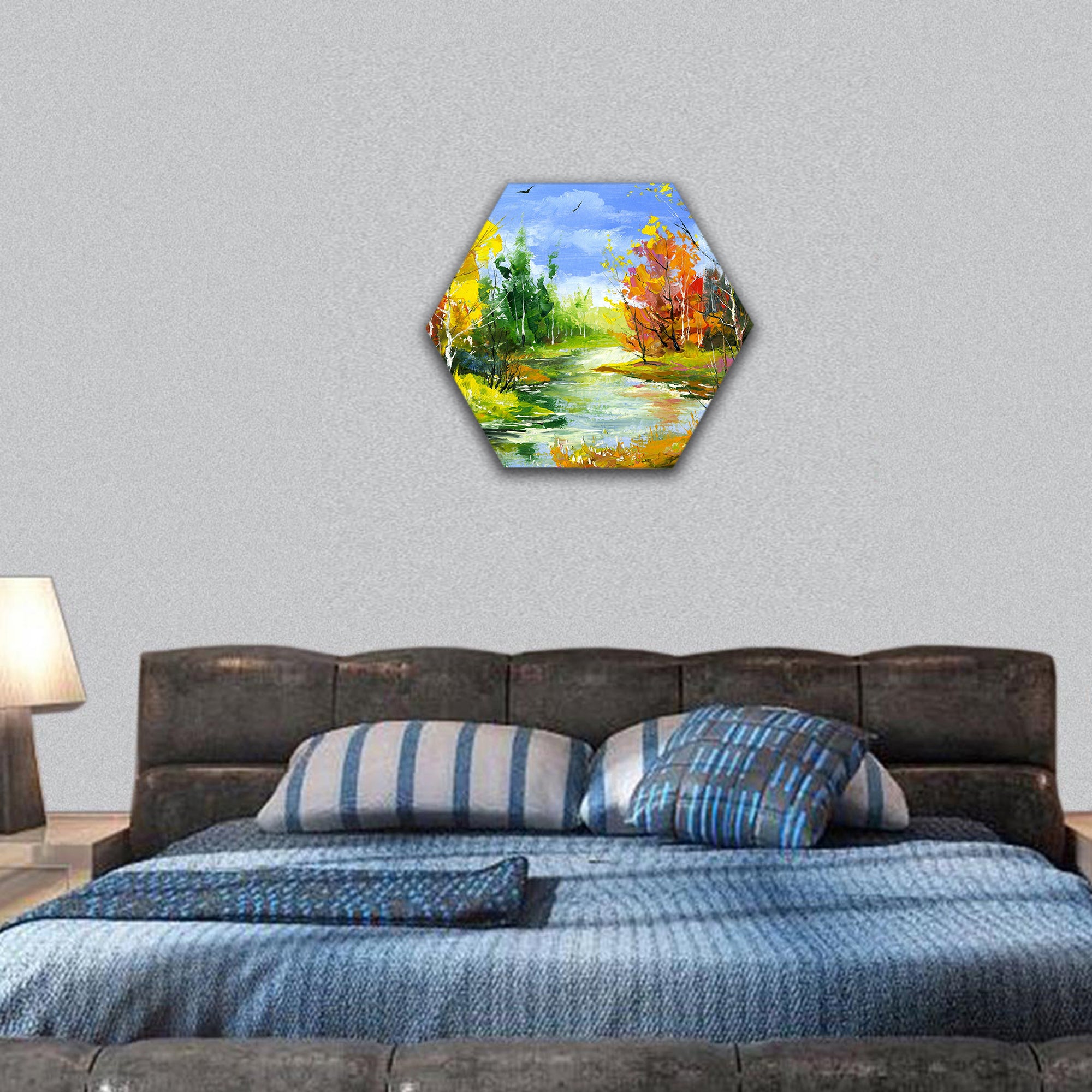The autumn landscape executed by oil hexagonal canvas wall art