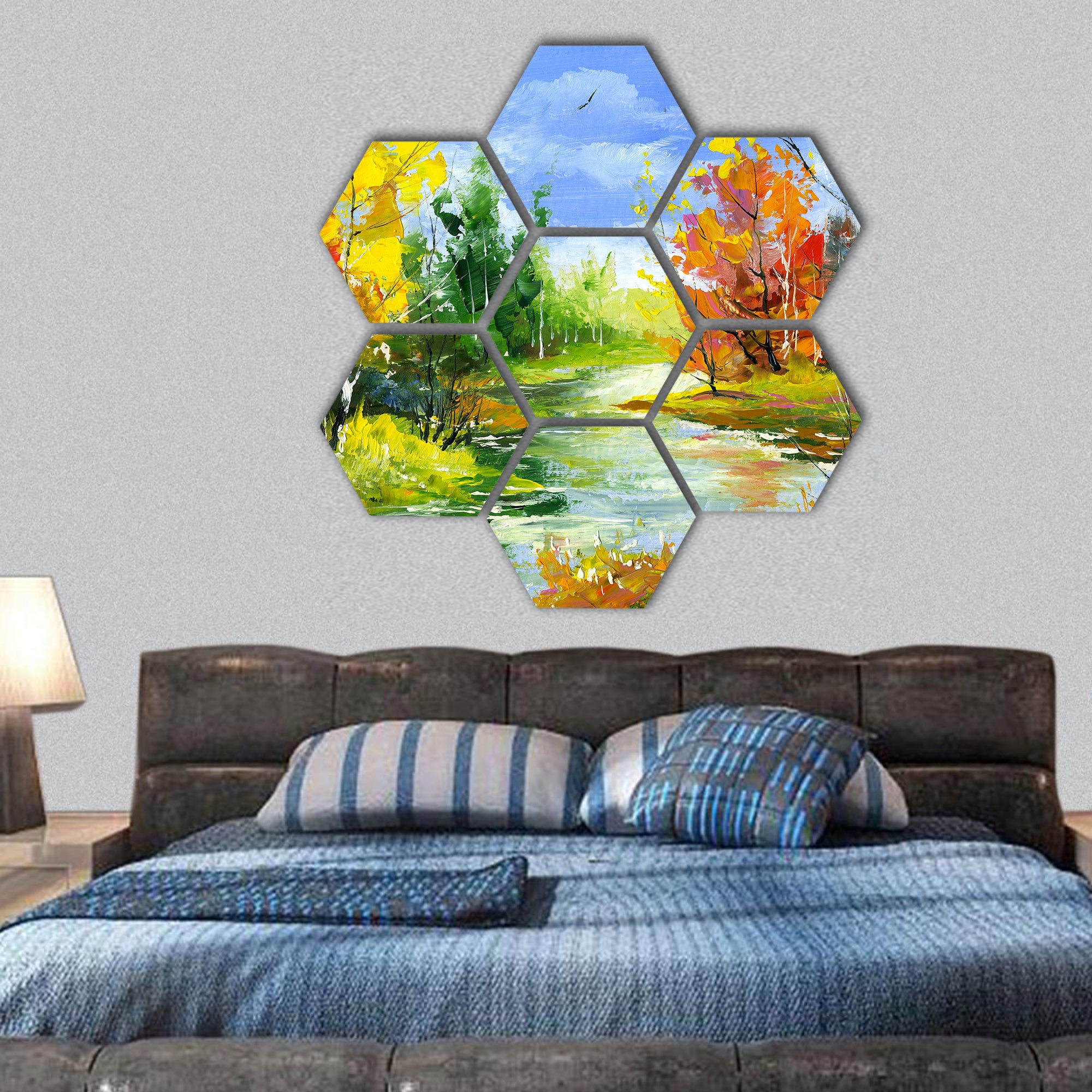 The autumn landscape executed by oil hexagonal canvas wall art