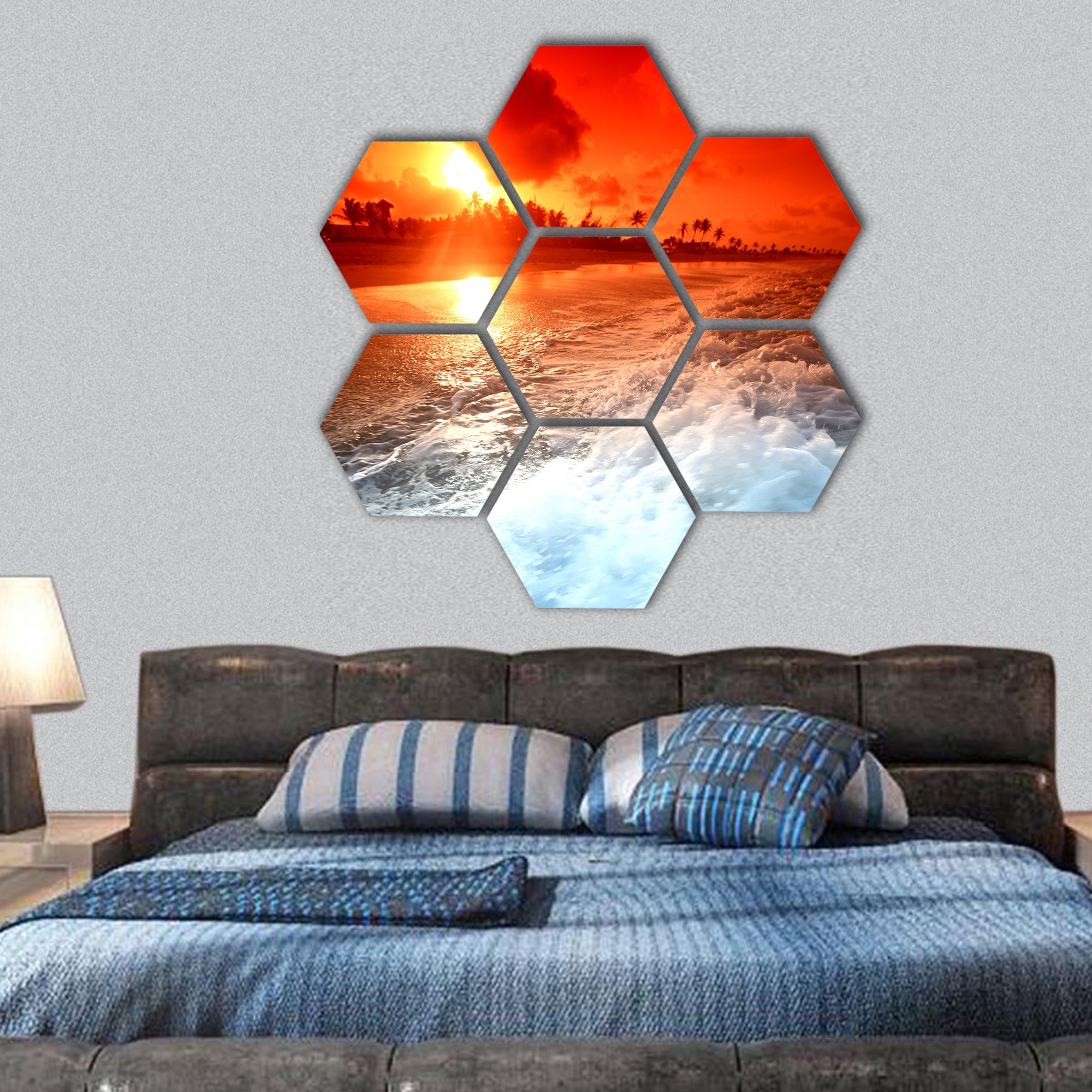 Landscape ocean sunrise golden sky hexagonal canvas wall art