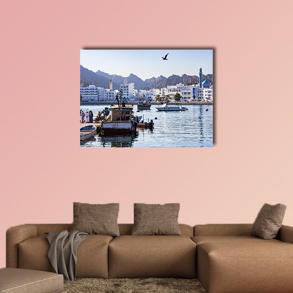 Fishermen at The Muttrah Fish docks in Muscat, Oman multi panel canvas wall art