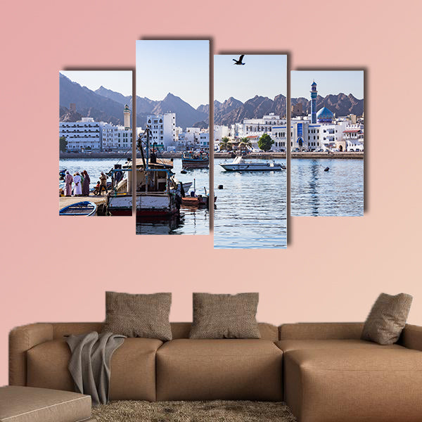 Fishermen at The Muttrah Fish docks in Muscat, Oman multi panel canvas wall art