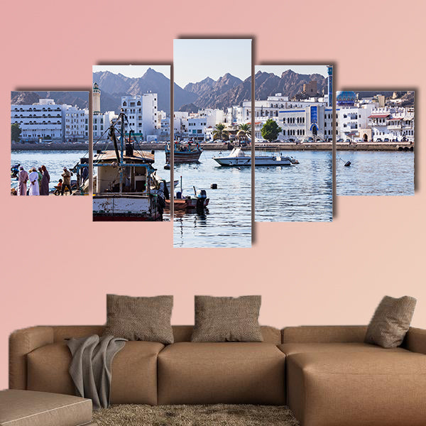 Fishermen at The Muttrah Fish docks in Muscat, Oman multi panel canvas wall art