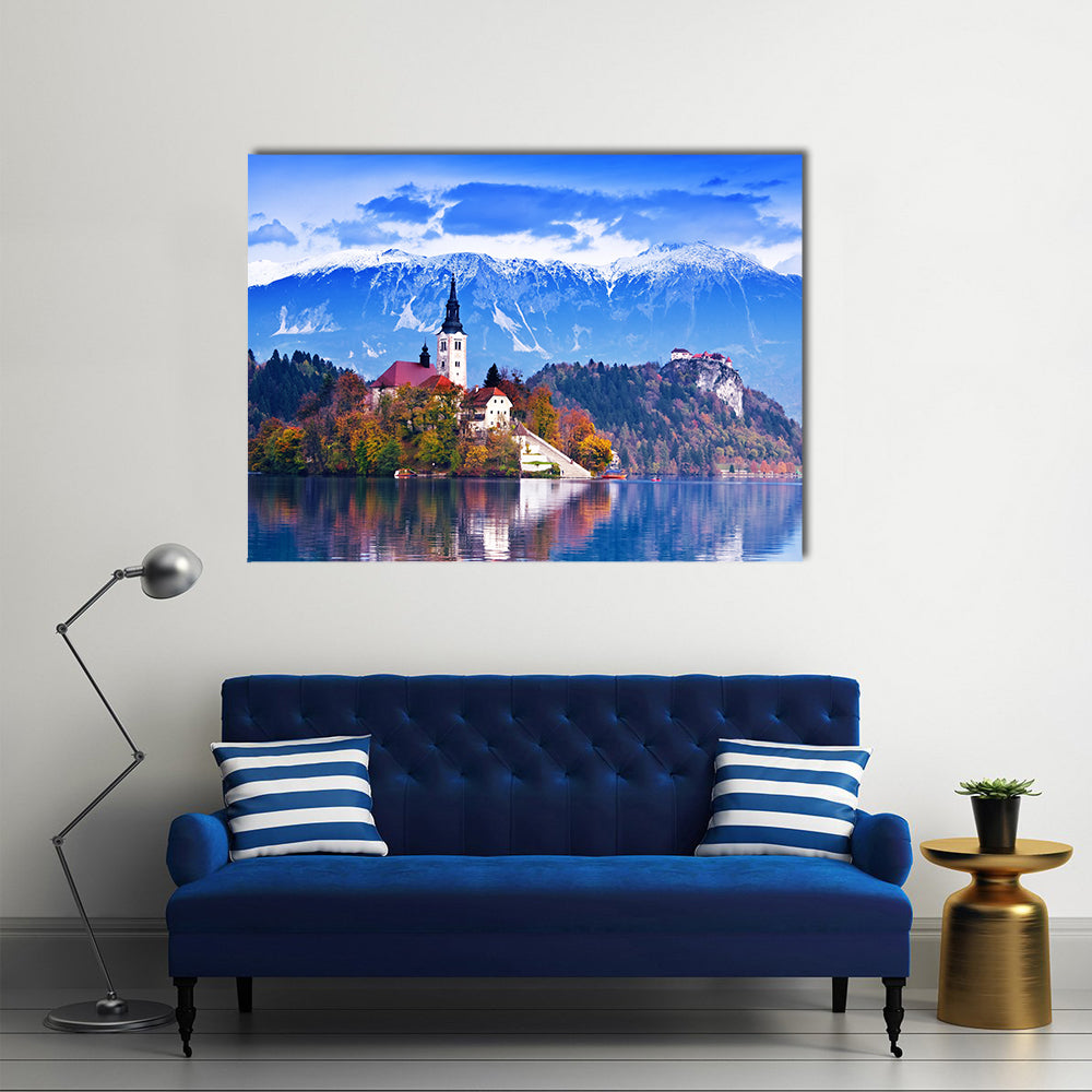 Bled with lake, island, castle and mountains in background, Slovenia, Europe multi panel canvas wall art