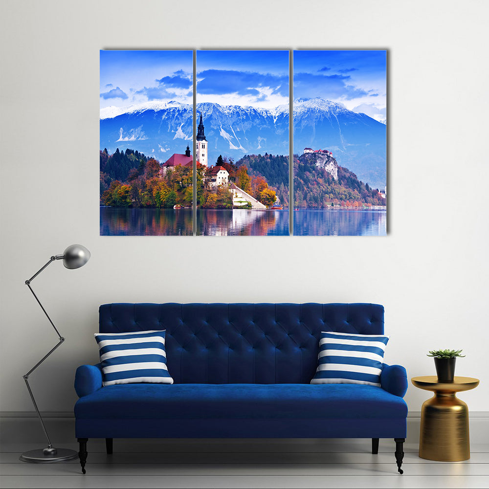 Bled with lake, island, castle and mountains in background, Slovenia, Europe multi panel canvas wall art