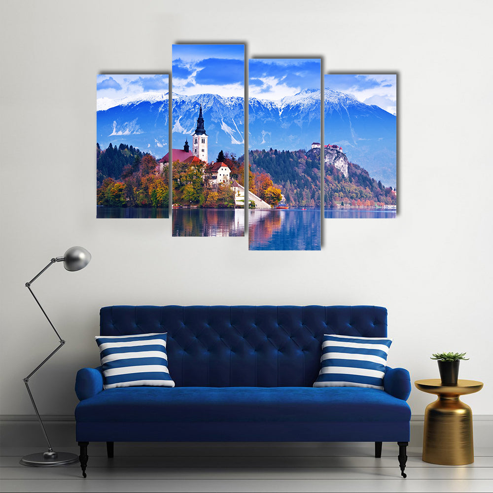 Bled with lake, island, castle and mountains in background, Slovenia, Europe multi panel canvas wall art