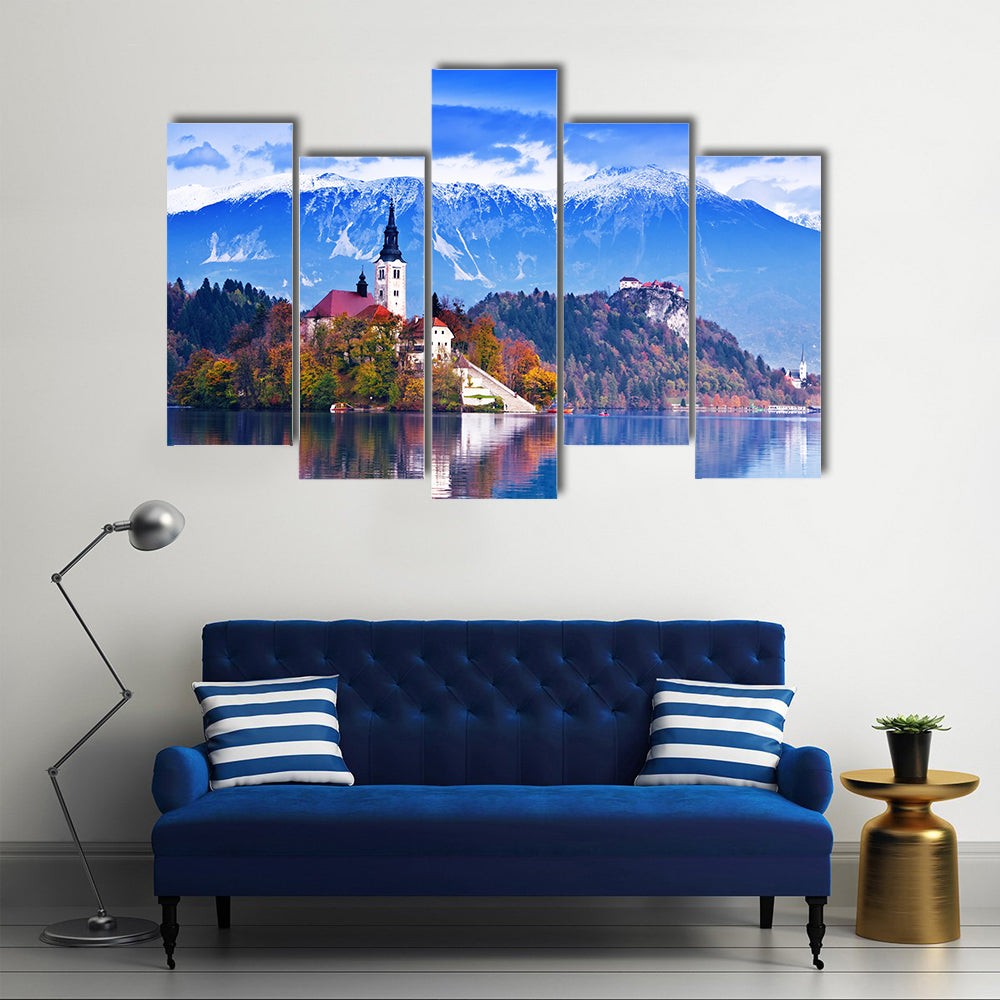 Bled with lake, island, castle and mountains in background, Slovenia, Europe multi panel canvas wall art