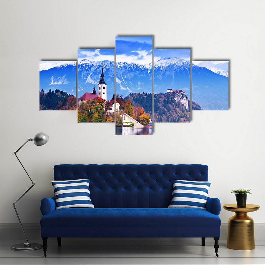 Bled with lake, island, castle and mountains in background, Slovenia, Europe multi panel canvas wall art