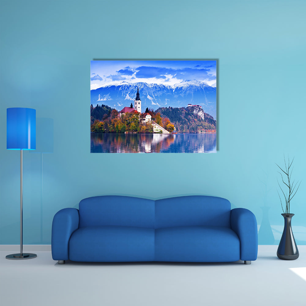 Bled with lake, island, castle and mountains in background, Slovenia, Europe multi panel canvas wall art