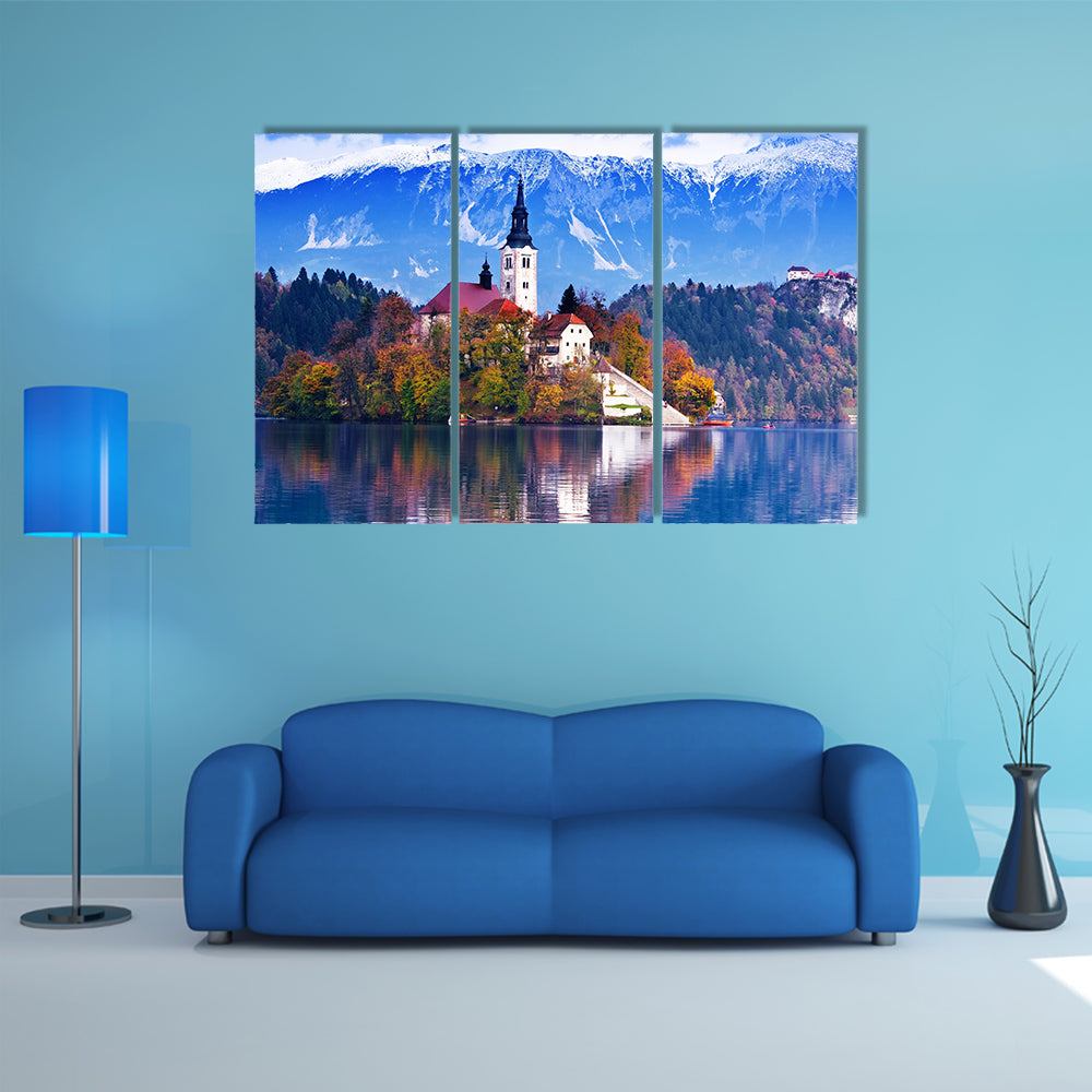 Bled with lake, island, castle and mountains in background, Slovenia, Europe multi panel canvas wall art