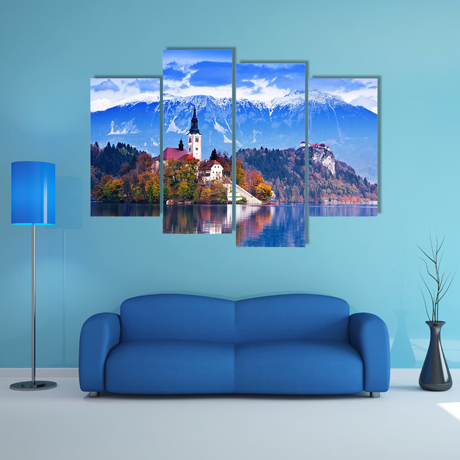 Bled with lake, island, castle and mountains in background, Slovenia, Europe multi panel canvas wall art