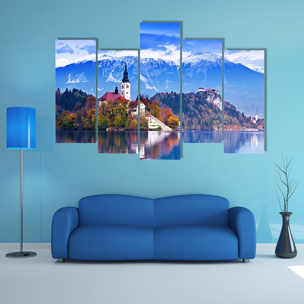 Bled with lake, island, castle and mountains in background, Slovenia, Europe multi panel canvas wall art