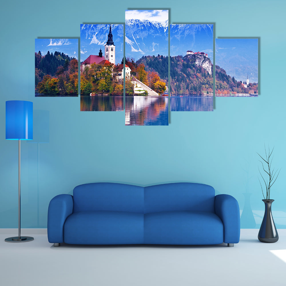 Bled with lake, island, castle and mountains in background, Slovenia, Europe multi panel canvas wall art