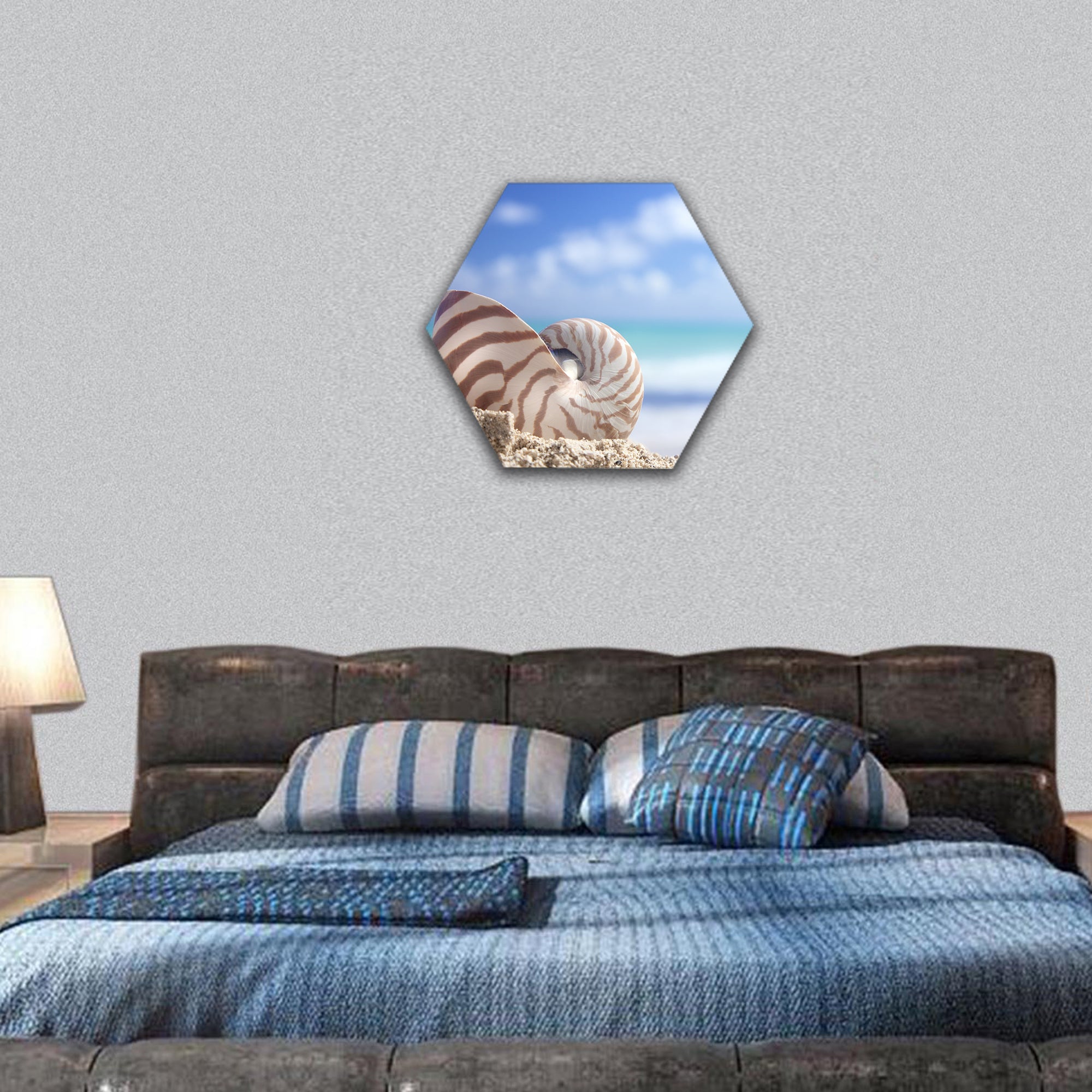 nautilus shell on a caribbean beach hexagonal canvas wall art