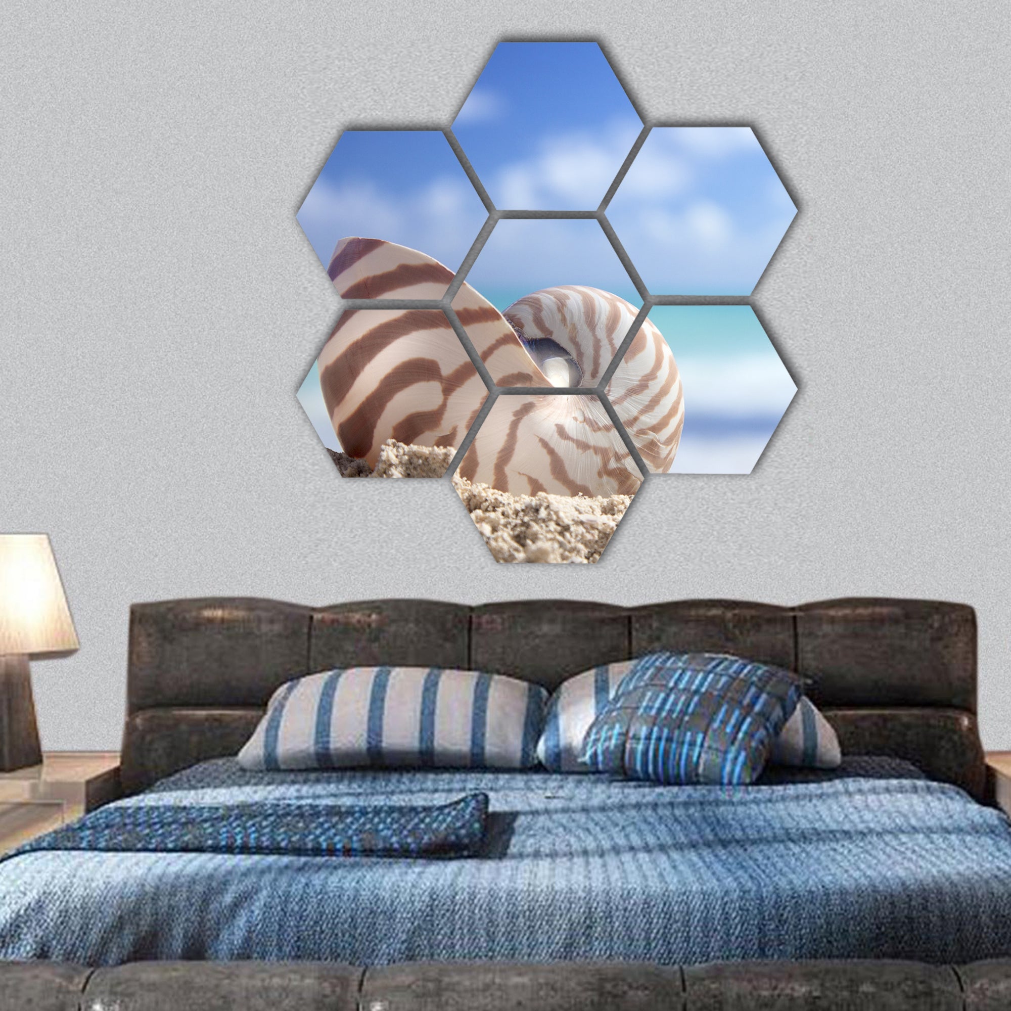 nautilus shell on a caribbean beach hexagonal canvas wall art