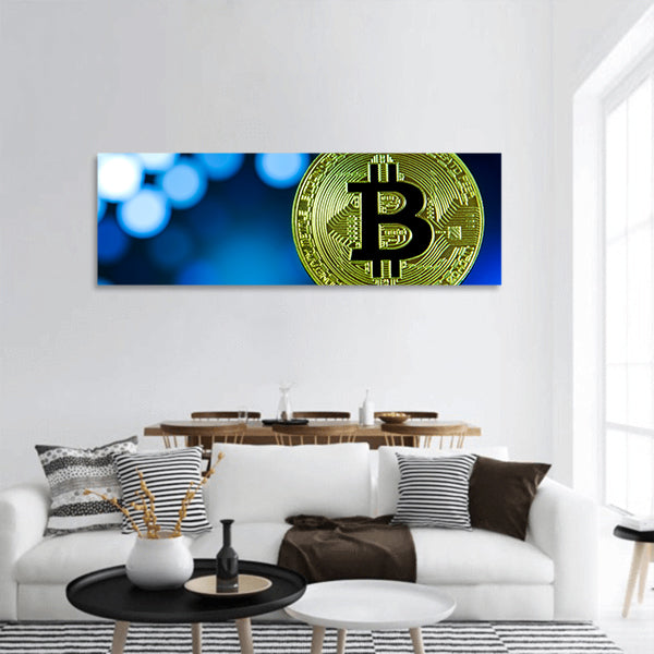 Golden bitcoin on keyboard panoramic canvas wall art