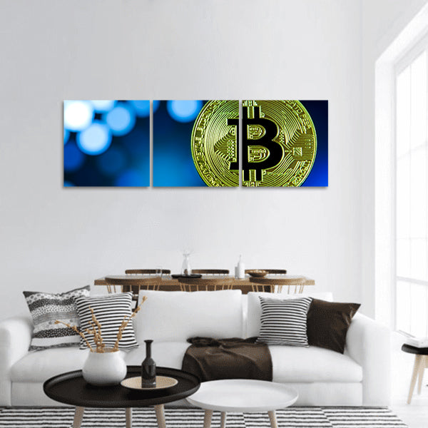 Golden bitcoin on keyboard panoramic canvas wall art