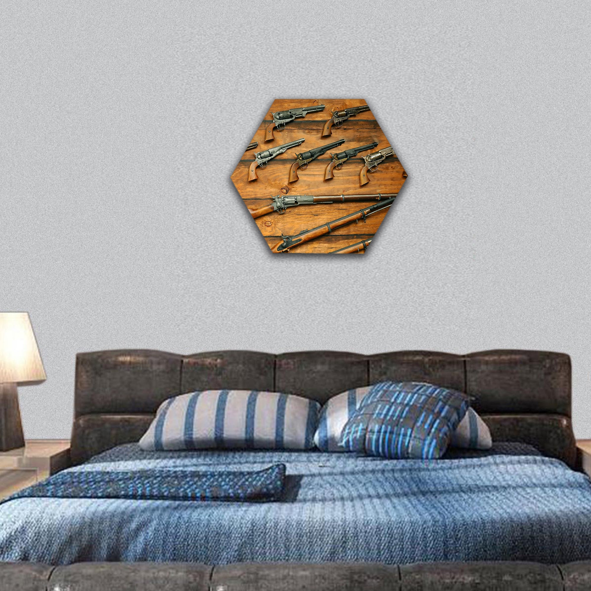 Display of Old West Guns and rifles hexagonal canvas wall art
