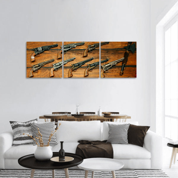 Display of Old West Guns and rifles panoramic canvas wall art