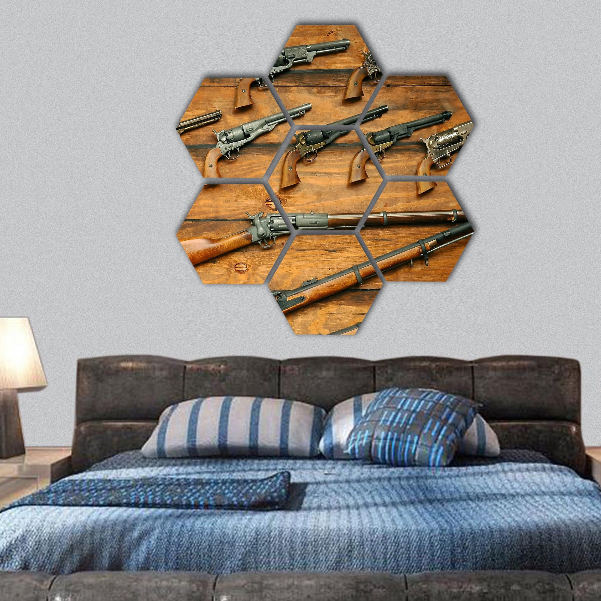 Display of Old West Guns and rifles hexagonal canvas wall art