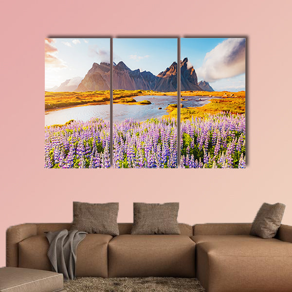 Majestic lupine flowers glowing by sunlight multi panel canvas wall art