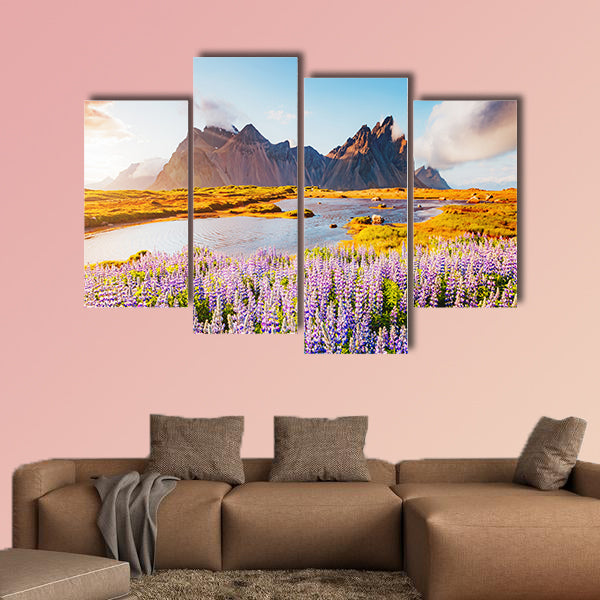 Majestic lupine flowers glowing by sunlight multi panel canvas wall art