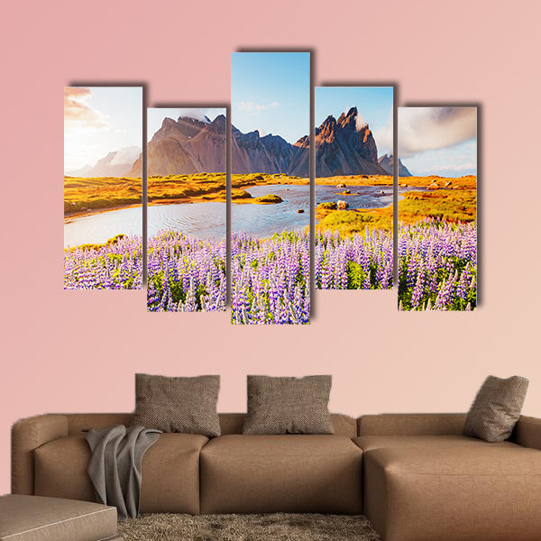Majestic lupine flowers glowing by sunlight multi panel canvas wall art