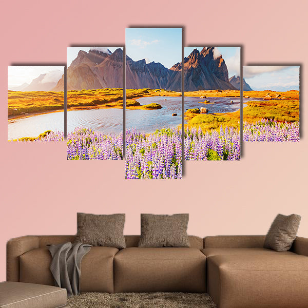 Majestic lupine flowers glowing by sunlight multi panel canvas wall art