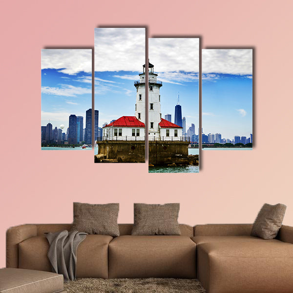 Chicago lighthouse with downtown Chicago canvas wall art