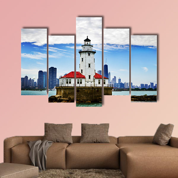 Chicago lighthouse with downtown Chicago canvas wall art